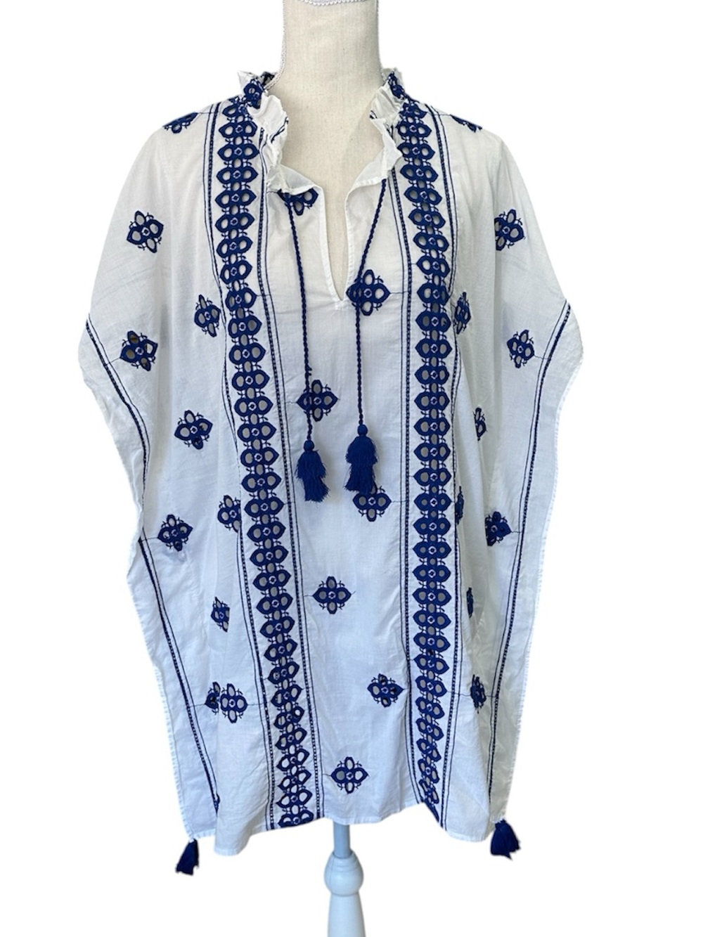 J. Crew Swimsuit Coverup White Tunic Blue Embroidery and Tassels Women’s Size S